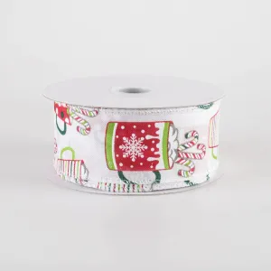 1.5" Hot Chocolate Christmas Cocoa Mugs Ribbon: White (10 Yards)