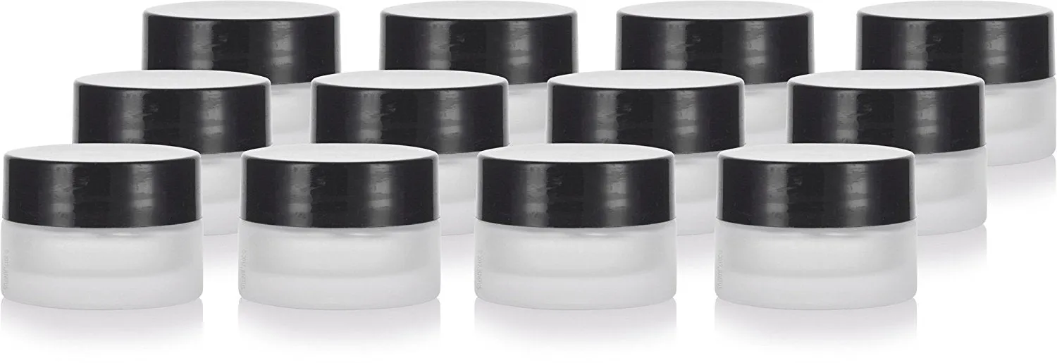 .17 oz / 5 ml  Frosted Clear Glass Balm Jar with Black Foam Lined Lid (12 Pack)