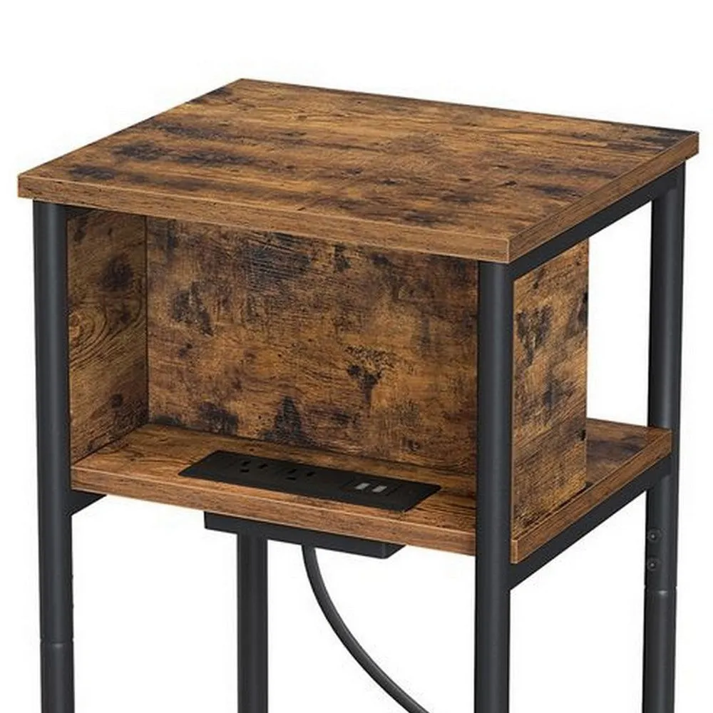 23 Inch Side End Table with USB Charging, 1 Shelf, Black Steel Brown Wood By Casagear Home