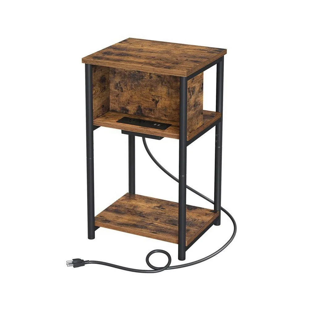 23 Inch Side End Table with USB Charging, 1 Shelf, Black Steel Brown Wood By Casagear Home