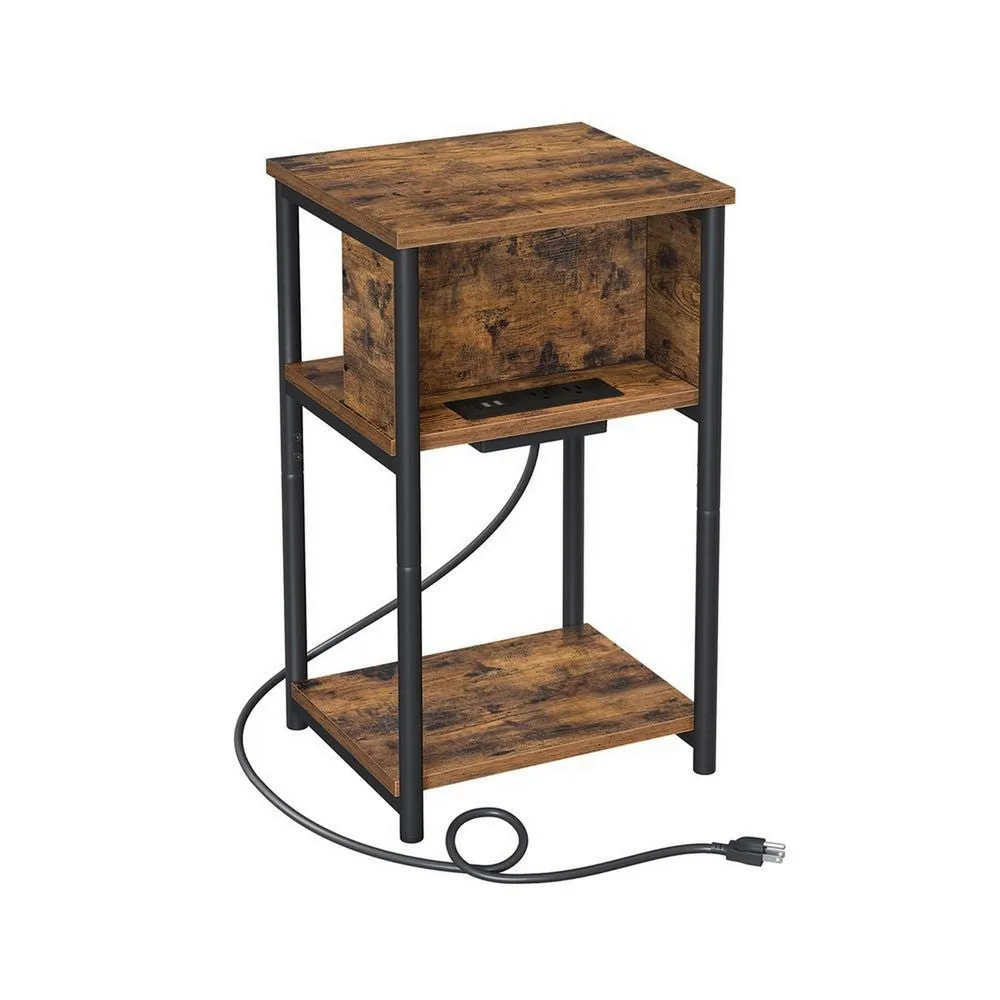 23 Inch Side End Table with USB Charging, 1 Shelf, Black Steel Brown Wood By Casagear Home