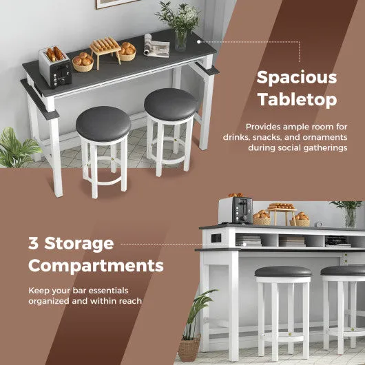3-Piece Home Bar Set with 2 Upholstered Bar Stools  Outlets and USB Ports-Gray