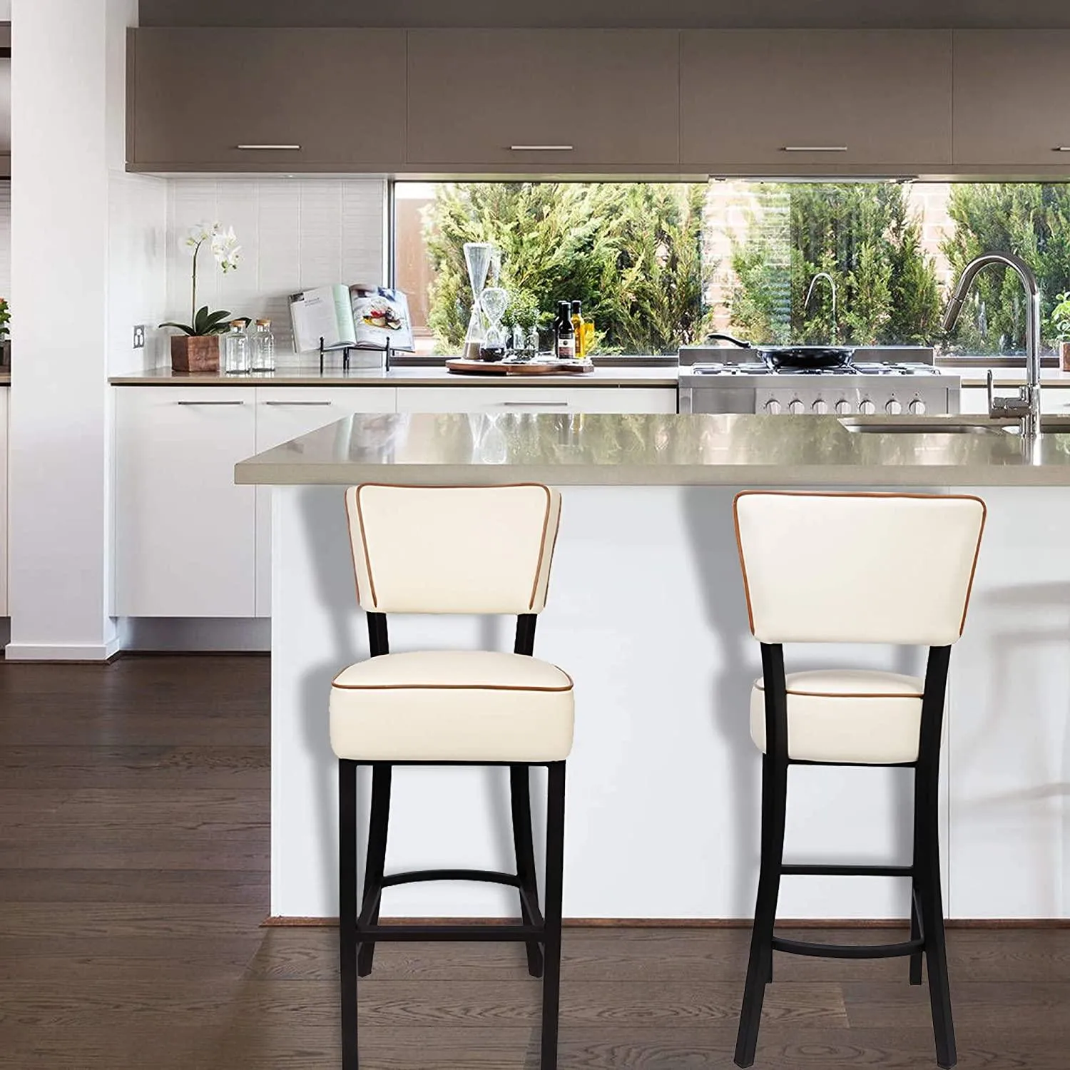 30" Upholstered Bar Stools Kitchen Chairs Counter Pub Leather Dining Chairs, Beige