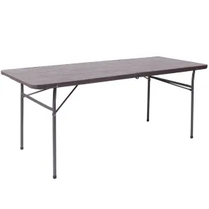 6-Foot Bi-Fold Brown Wood Grain Plastic Folding Table With Carrying Handle By Flash Furniture