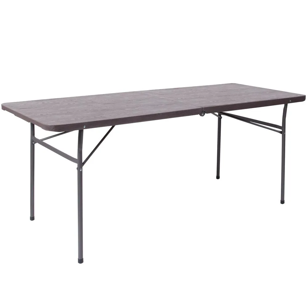 6-Foot Bi-Fold Brown Wood Grain Plastic Folding Table With Carrying Handle By Flash Furniture