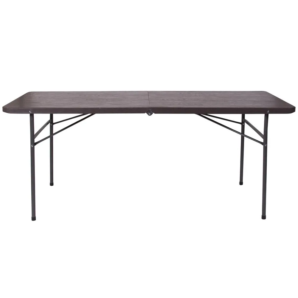 6-Foot Bi-Fold Brown Wood Grain Plastic Folding Table With Carrying Handle By Flash Furniture