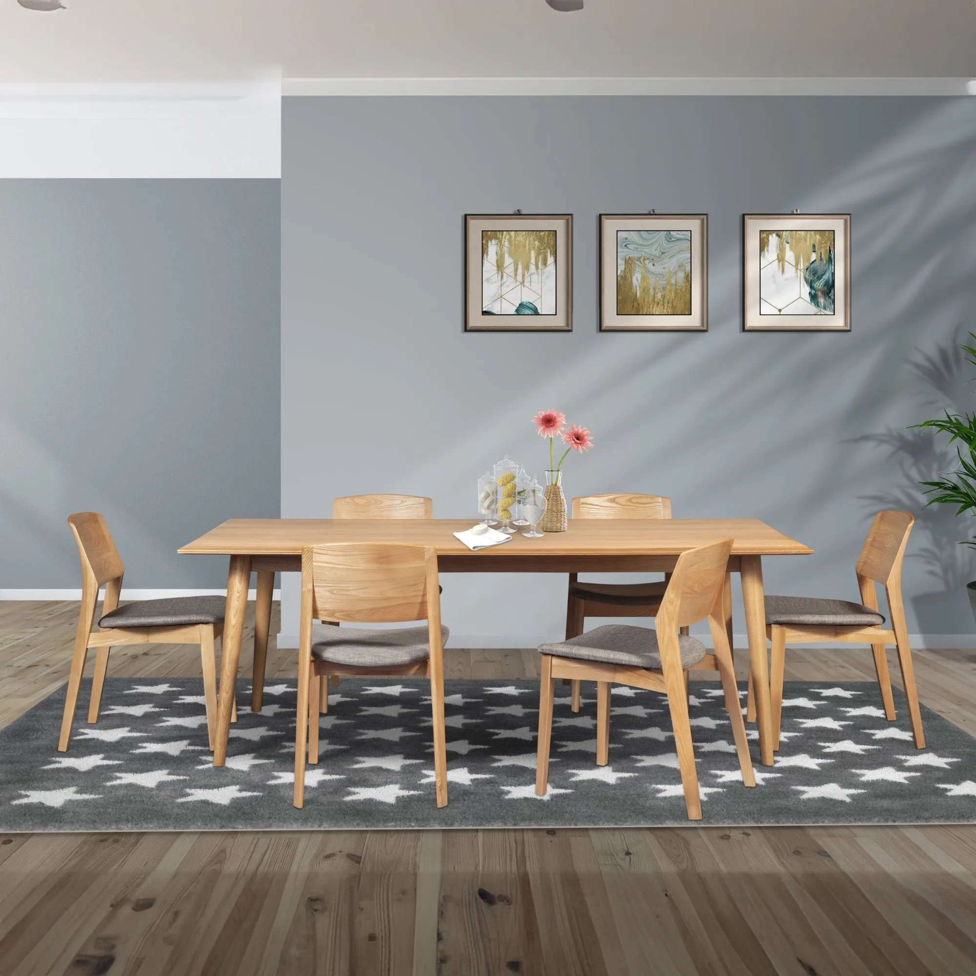 6pc Oak Dining Chairs, Solid Ash Wood, Fabric Seat