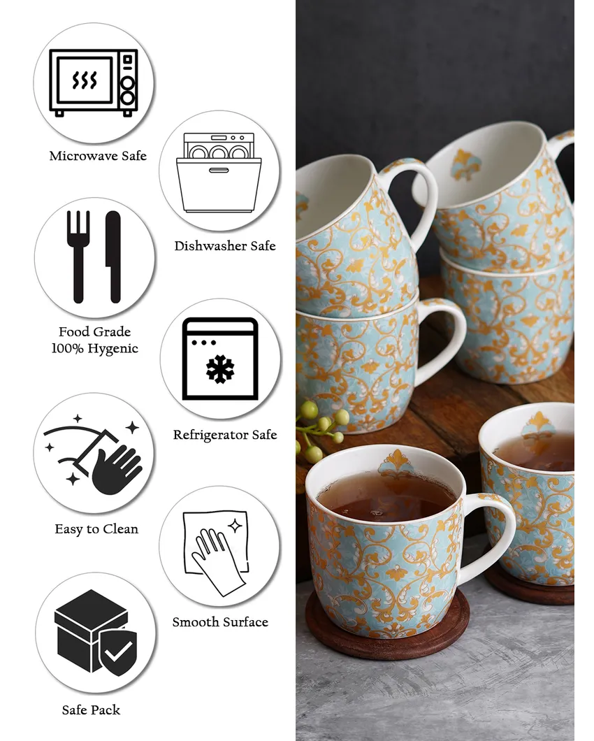 Blue Coloured Printed Bonechina Mugs | Set of 6
