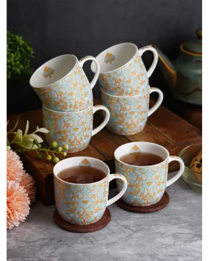 Blue Coloured Printed Bonechina Mugs | Set of 6