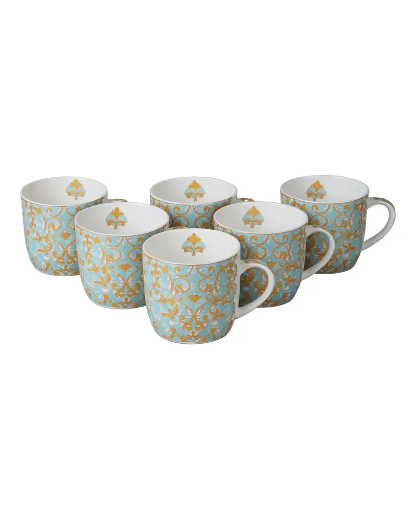 Blue Coloured Printed Bonechina Mugs | Set of 6