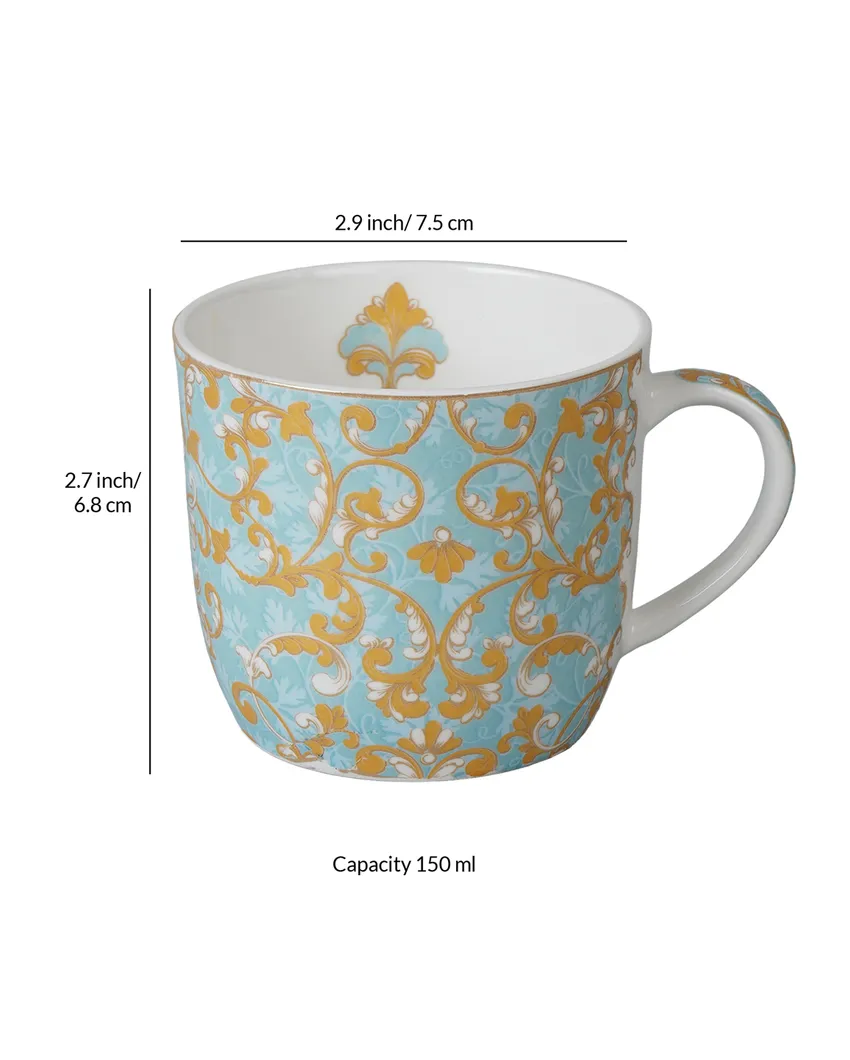 Blue Coloured Printed Bonechina Mugs | Set of 6