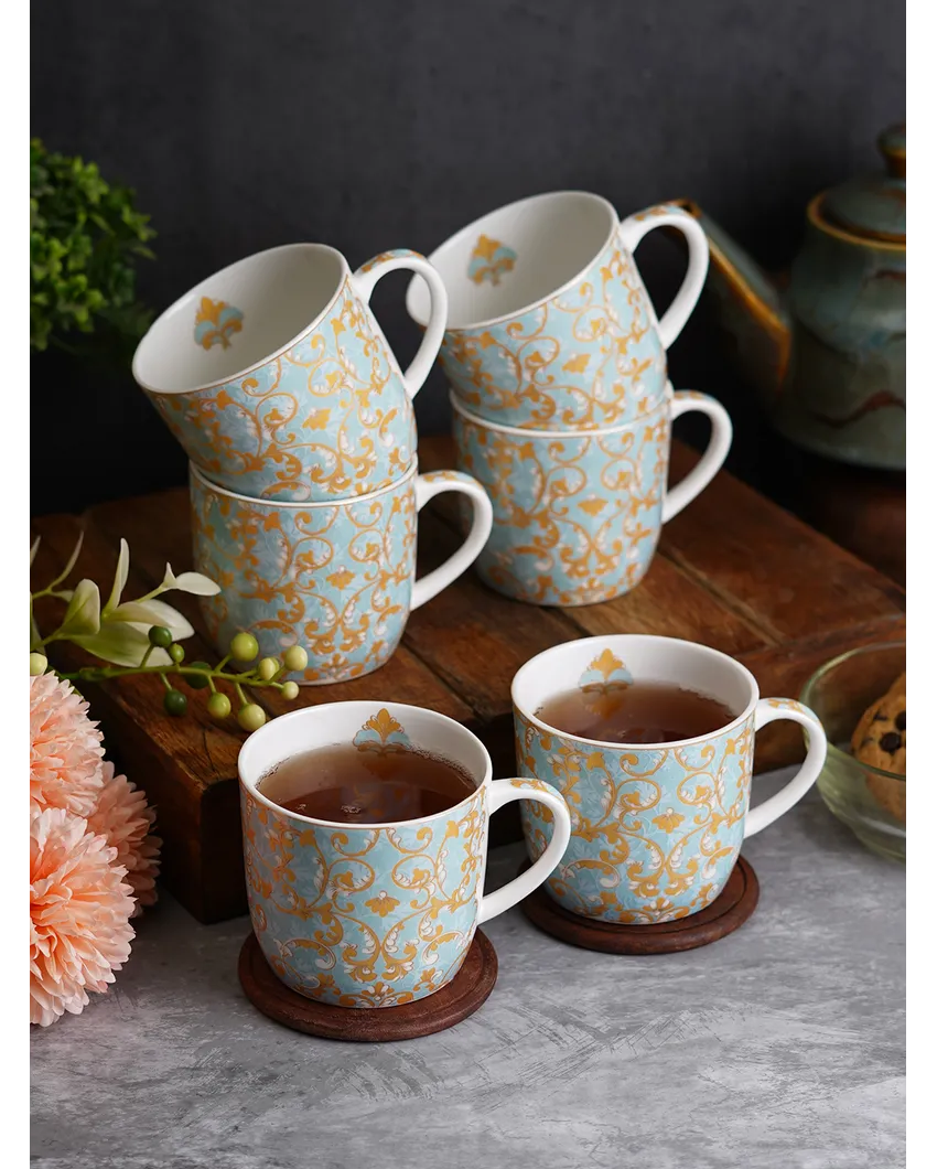 Blue Coloured Printed Bonechina Mugs | Set of 6