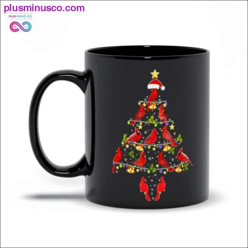 Cardinal Bird Christmas Tree / Santa Hat / Star Black Mugs
