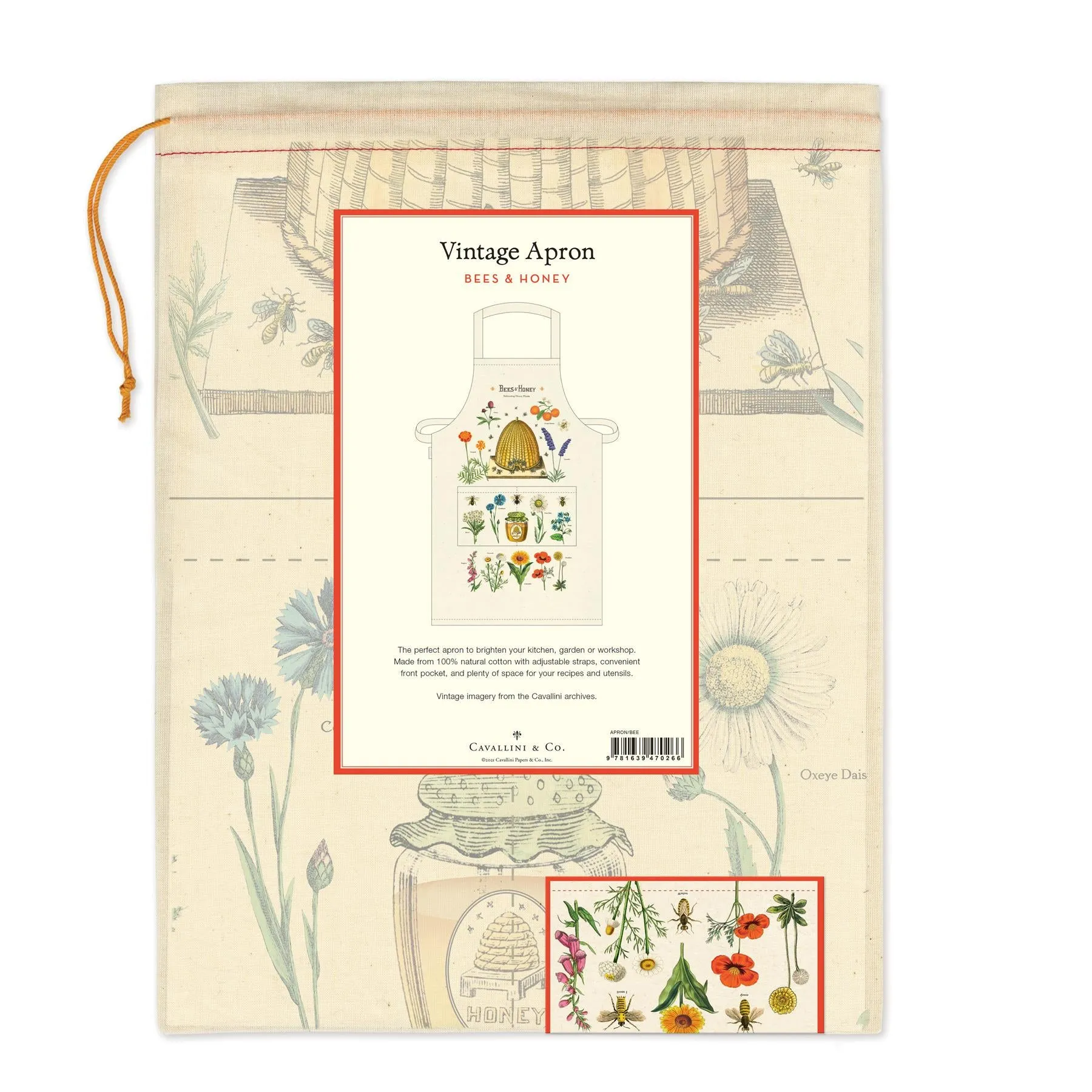 Cavallini - 100% Natural Cotton Vintage Apron - 48x80cms - Bees & Honey