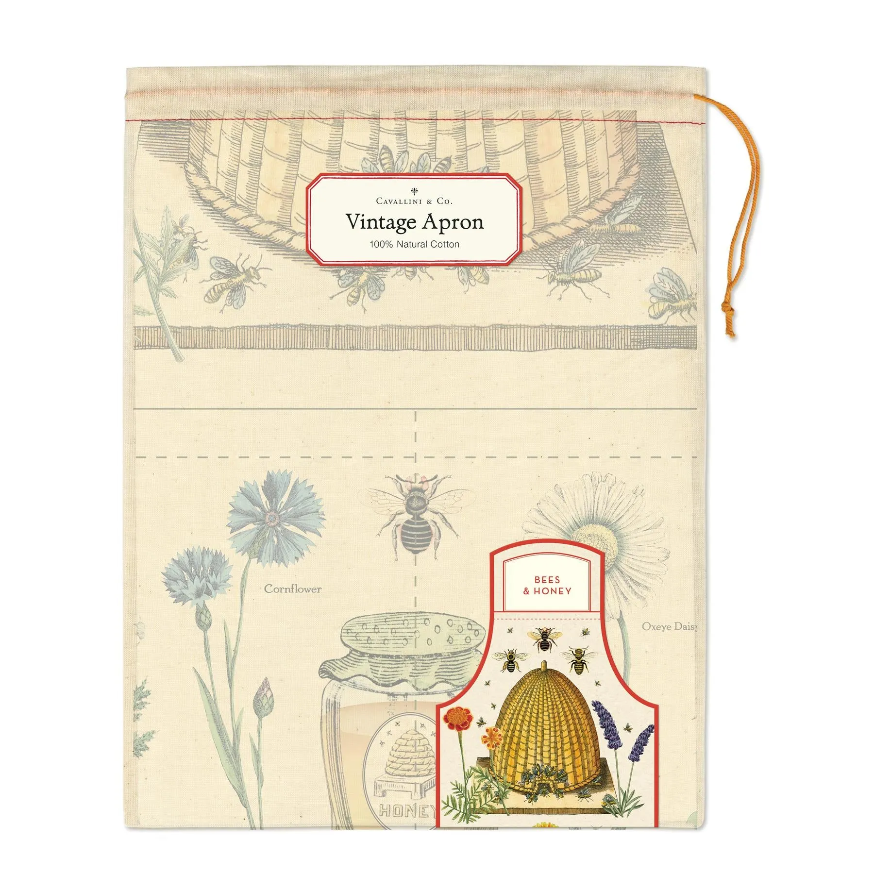 Cavallini - 100% Natural Cotton Vintage Apron - 48x80cms - Bees & Honey