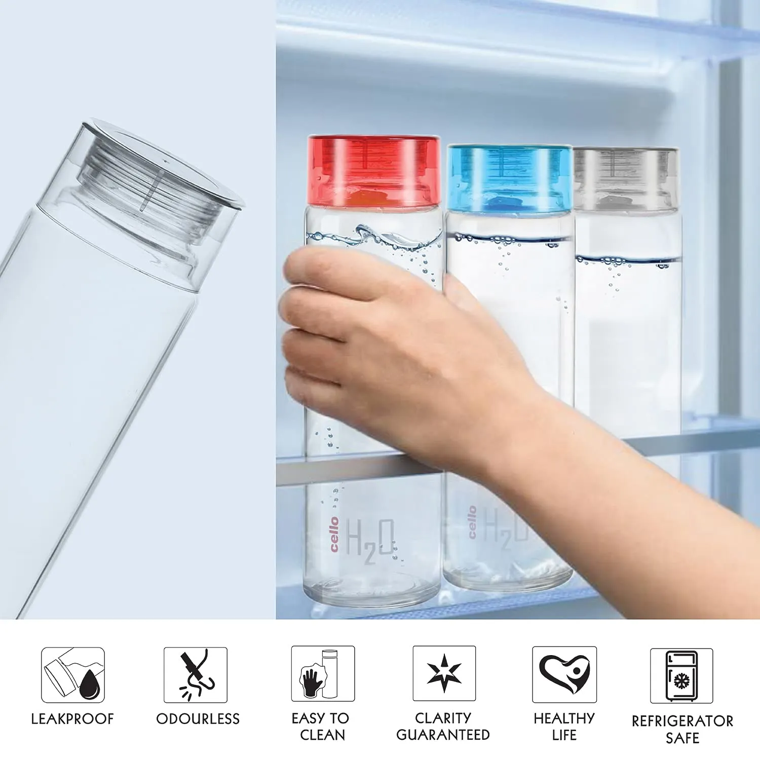 Cello H2O Glass Fridge Water Bottle with Plastic Cap, Set of 6, 920ml, Blue Maxfresh Glassy Seal O Fresh Round Borosilicate Microwavable Glass Lunch Box, Brown, 400 ml Each, Set of 3