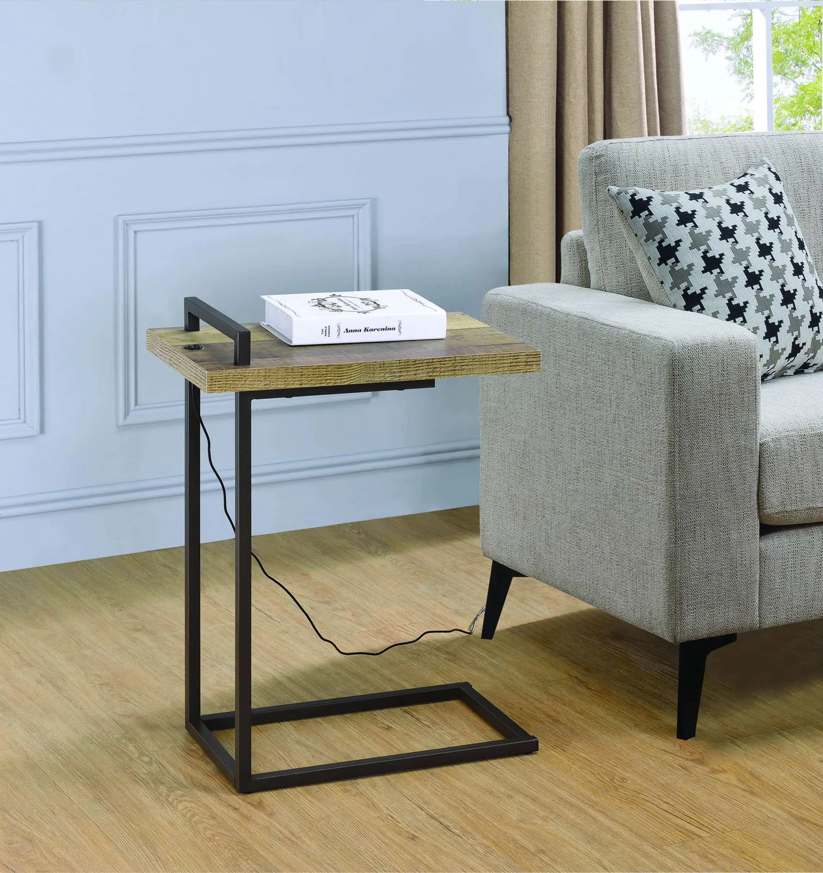 Contemporary Style Metal Accent Table With Wooden Top And Usb Port, Brown And Bronze By Benzara