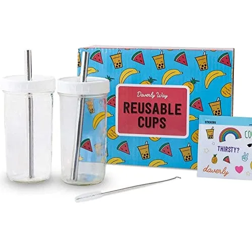Daverly Way Reusable Boba Bubble Smoothie Cups With 4 Lids And 2 Metal Reusable Straws And Straw Cleaner In Fun Gift Box (2-pack, 24oz Each)