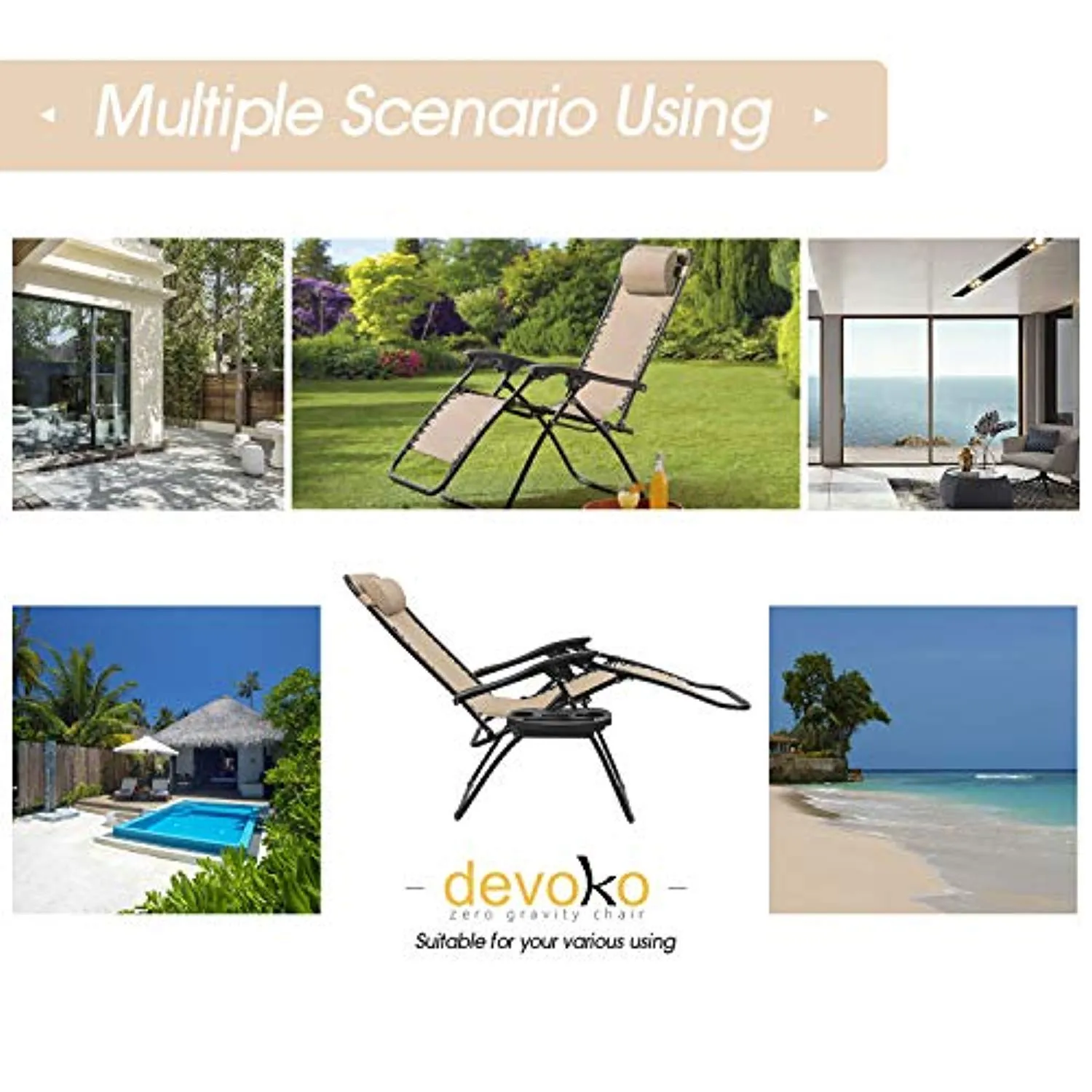 Devoko Patio Zero Gravity Chair Outdoor Adjustable Folding Lounge Chairs Set of 2 (Beige)