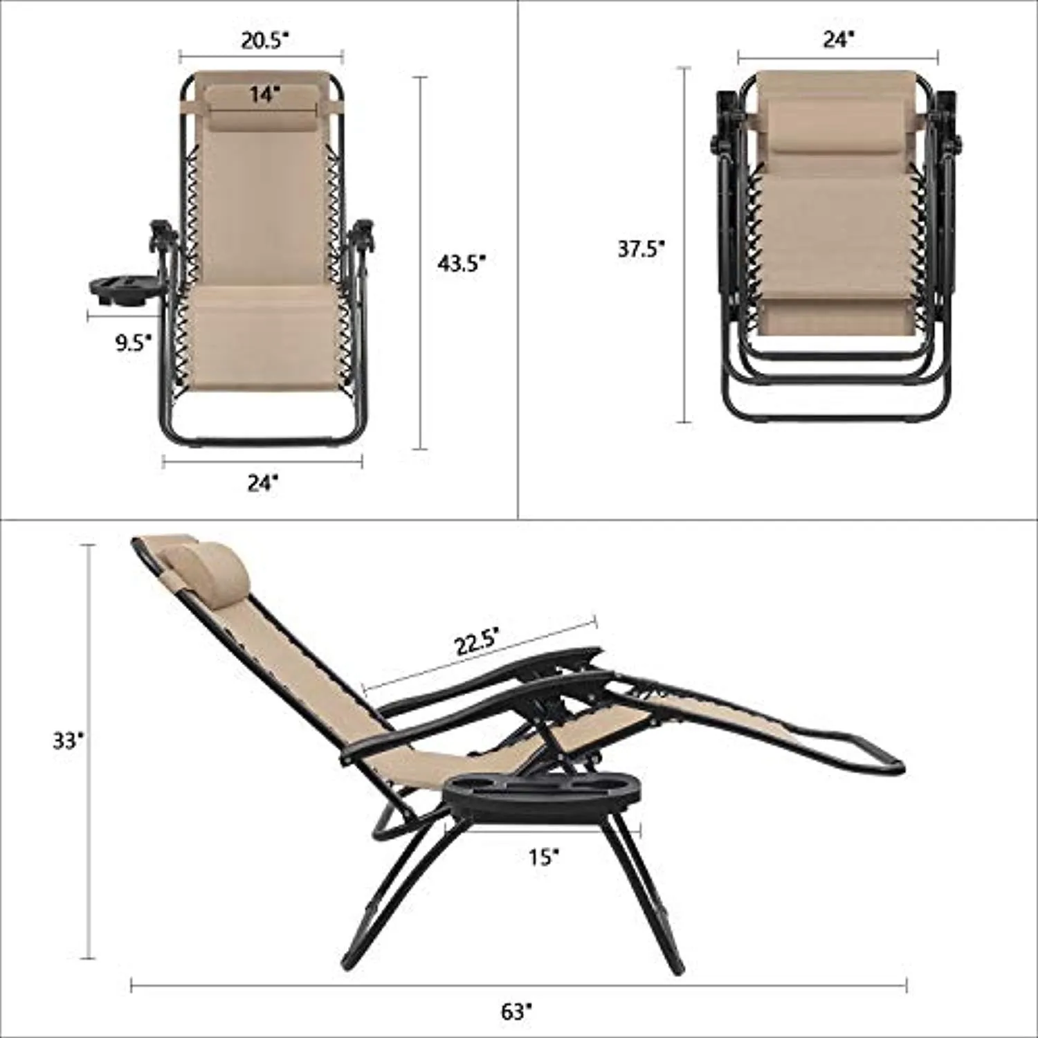 Devoko Patio Zero Gravity Chair Outdoor Adjustable Folding Lounge Chairs Set of 2 (Beige)
