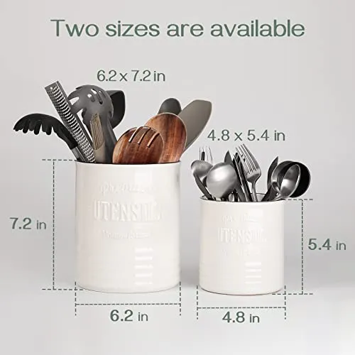 DOWAN Kitchen Utensil Holder, 7.2″ Extra-Large Ceramic Stable Utensil Caddy, Rustic Cooking Utensil Crock for Farmhouse Kitchen Décor with Countertop-Protection Cork Bottom, Counter Utensil Organizer