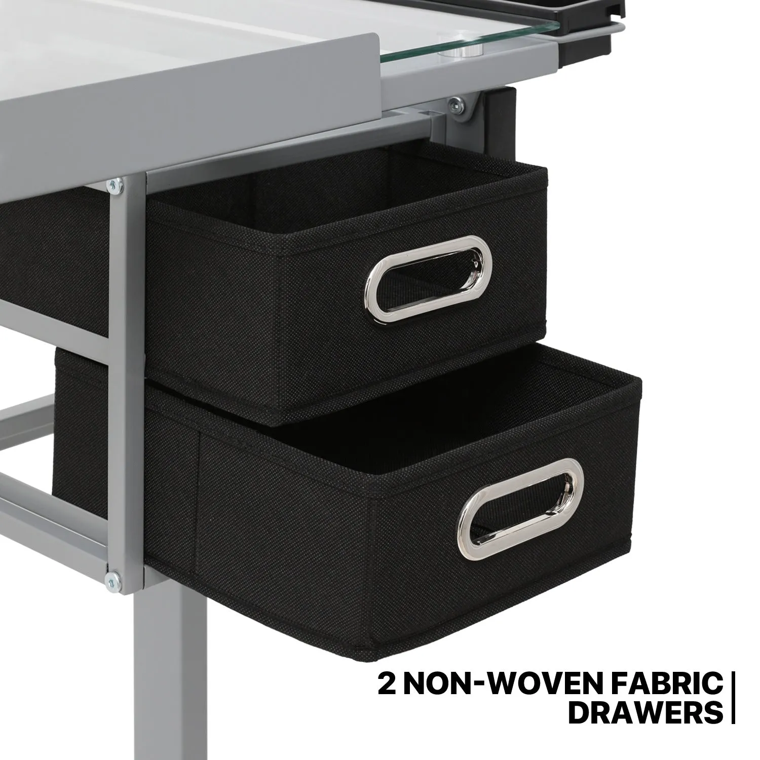 Drafting Table - 41" Crystal desktop with grey frame, 2 black drawers, rolling casters