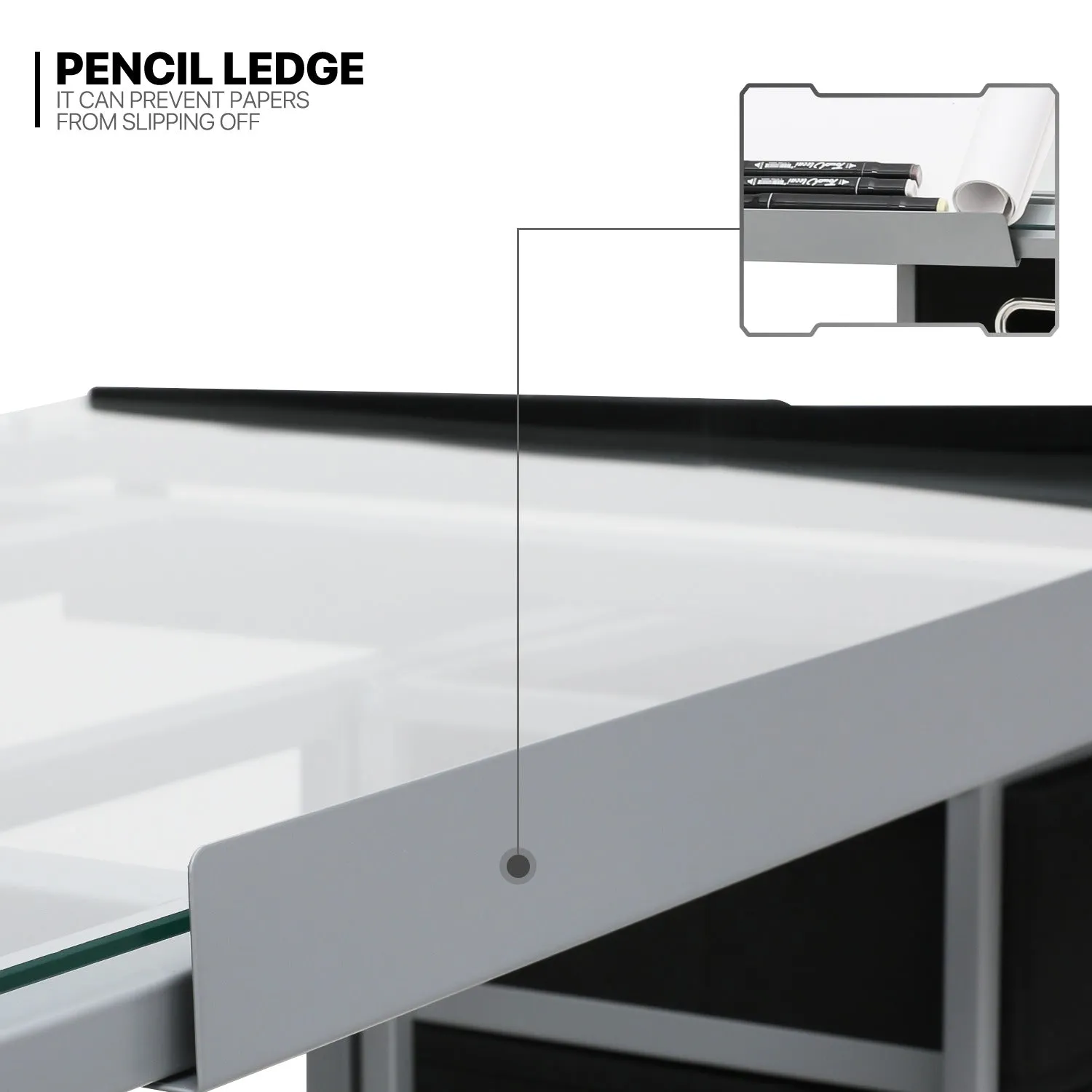 Drafting Table - 41" Crystal desktop with grey frame, 2 black drawers, rolling casters
