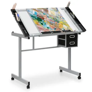 Drafting Table - 41" Crystal desktop with grey frame, 2 black drawers, rolling casters