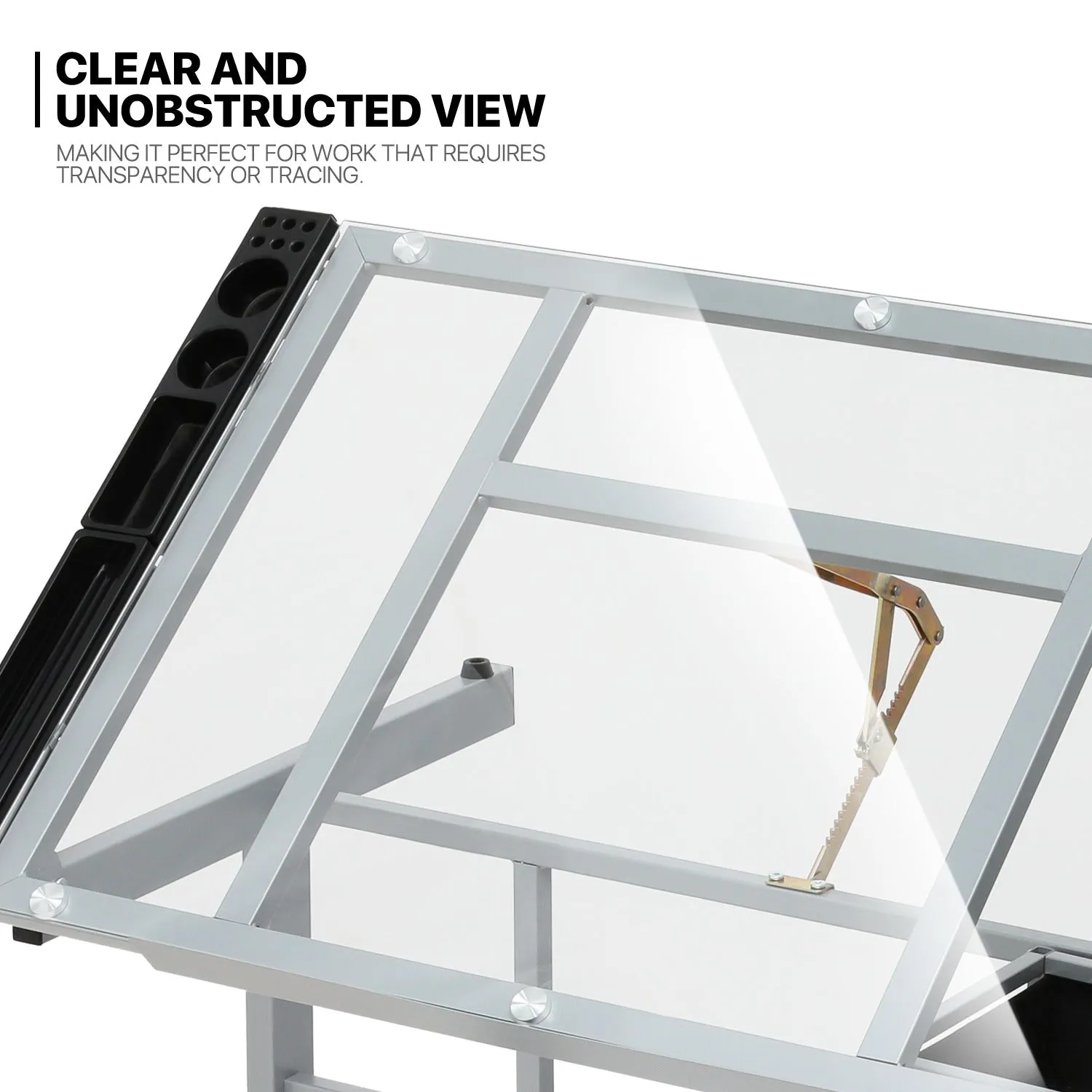 Drafting Table - 41" Crystal desktop with grey frame, 2 black drawers, rolling casters