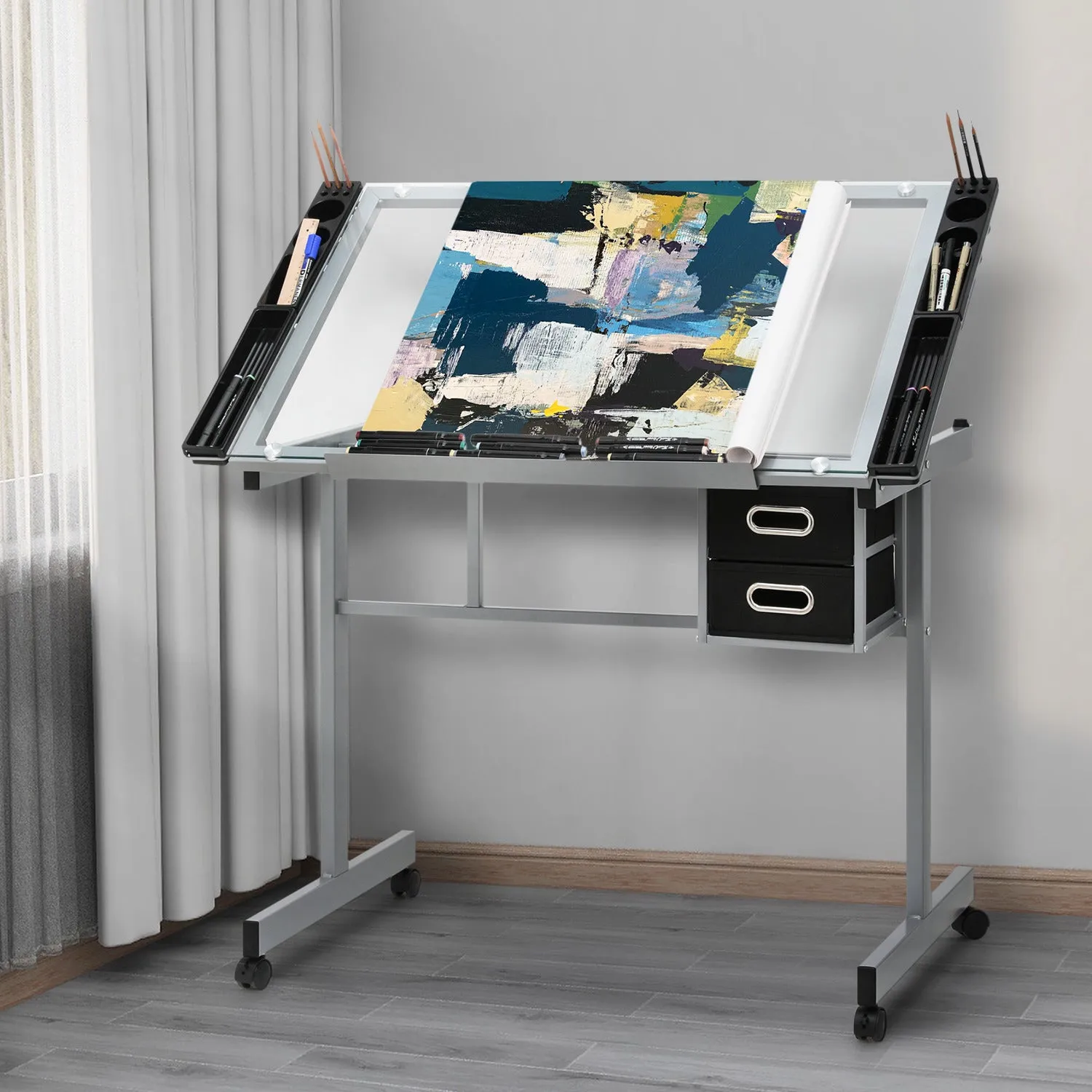 Drafting Table - 41" Crystal desktop with grey frame, 2 black drawers, rolling casters