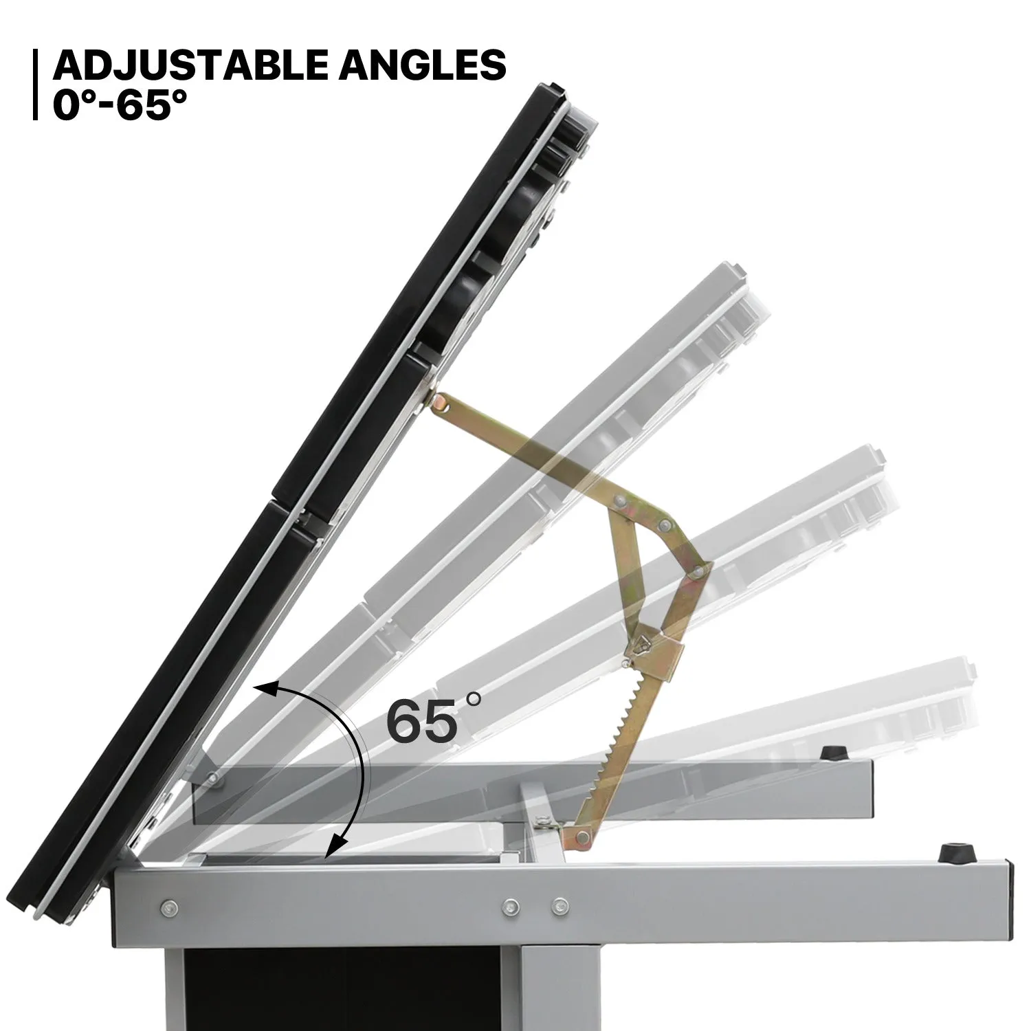 Drafting Table - 41" Crystal desktop with grey frame, 2 black drawers, rolling casters