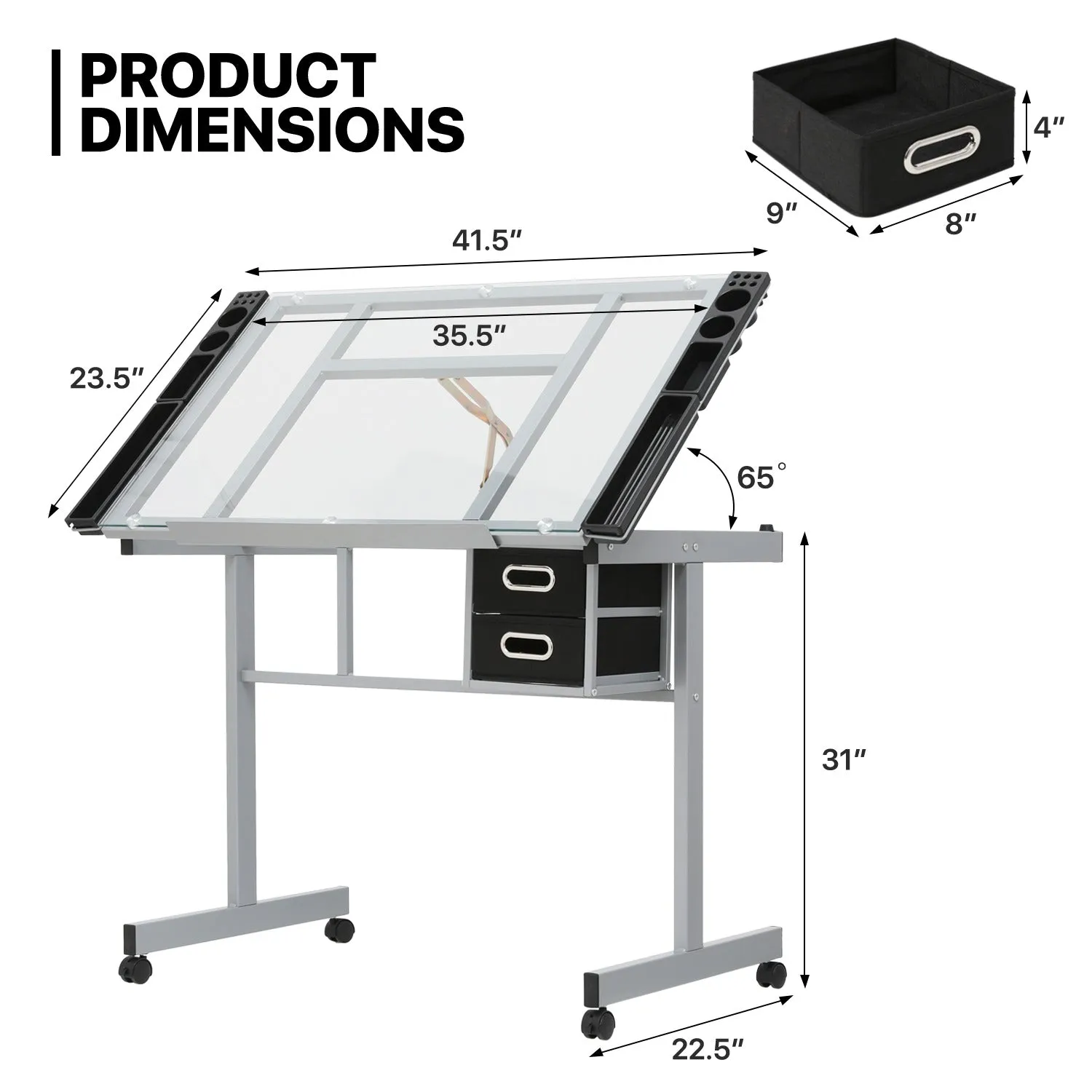 Drafting Table - 41" Crystal desktop with grey frame, 2 black drawers, rolling casters