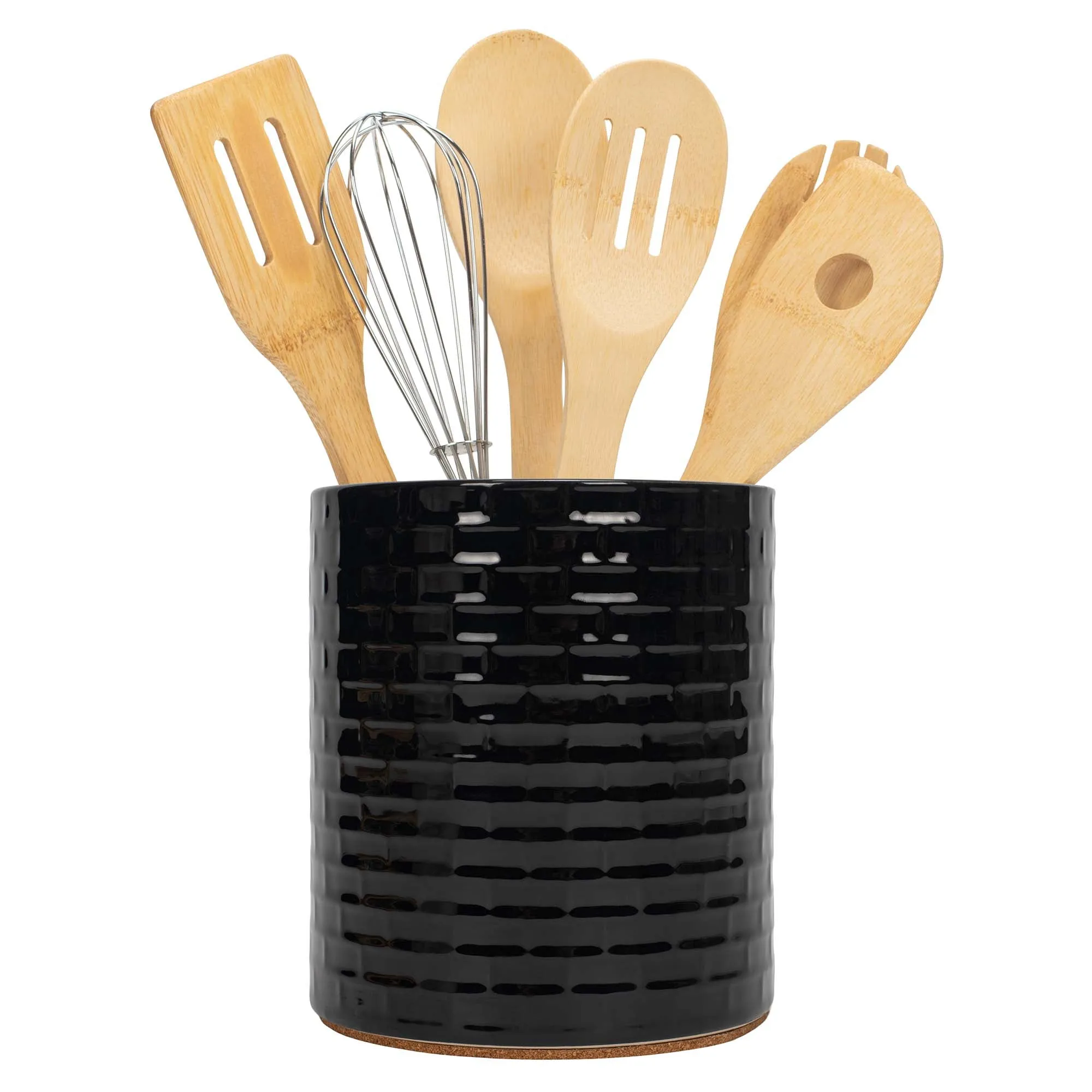 Embossed Subway Tile Ceramic Stoneware Cork Bottom Kitchen Utensil Holder, Black