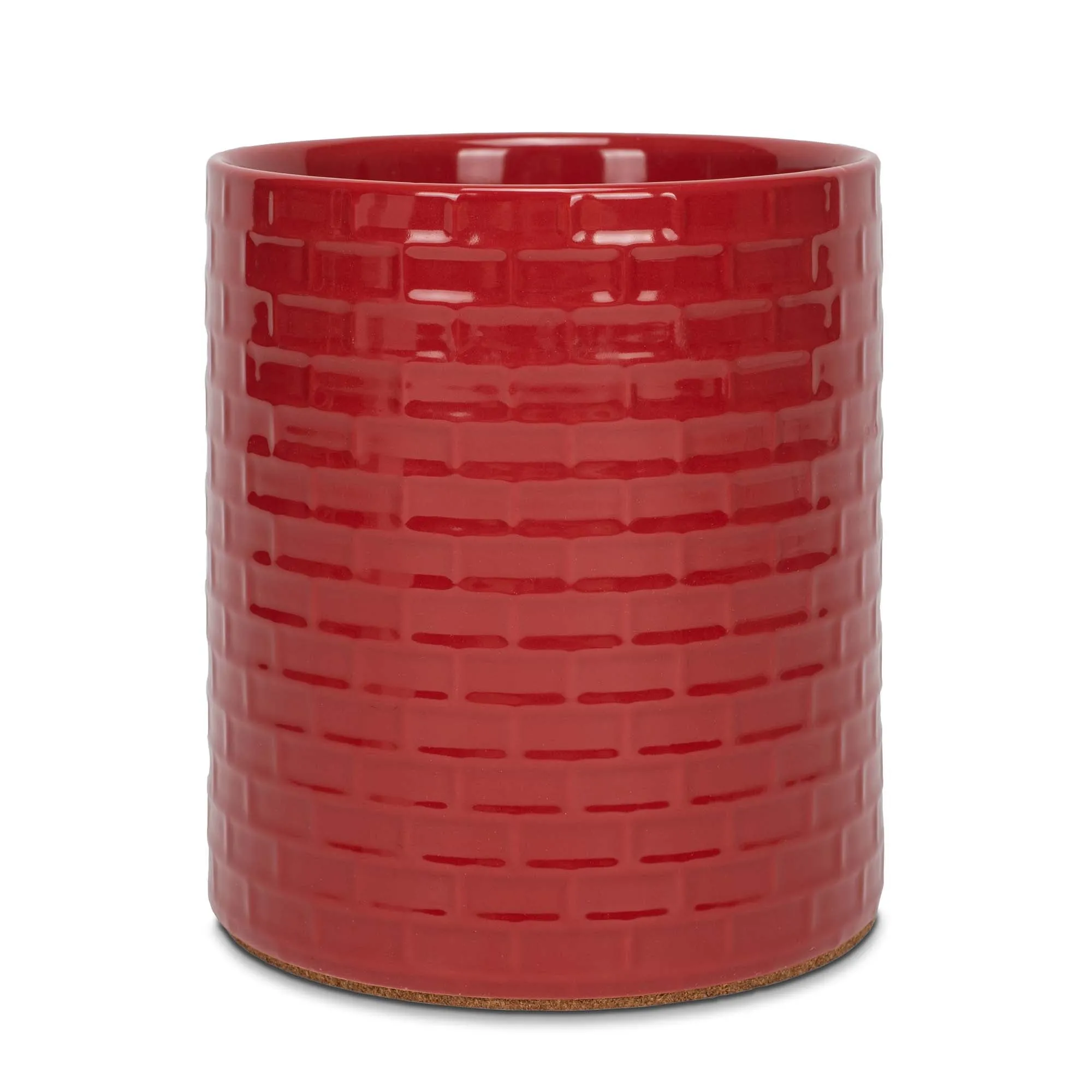 Embossed Subway Tile Ceramic Stoneware Cork Bottom Kitchen Utensil Holder, Red