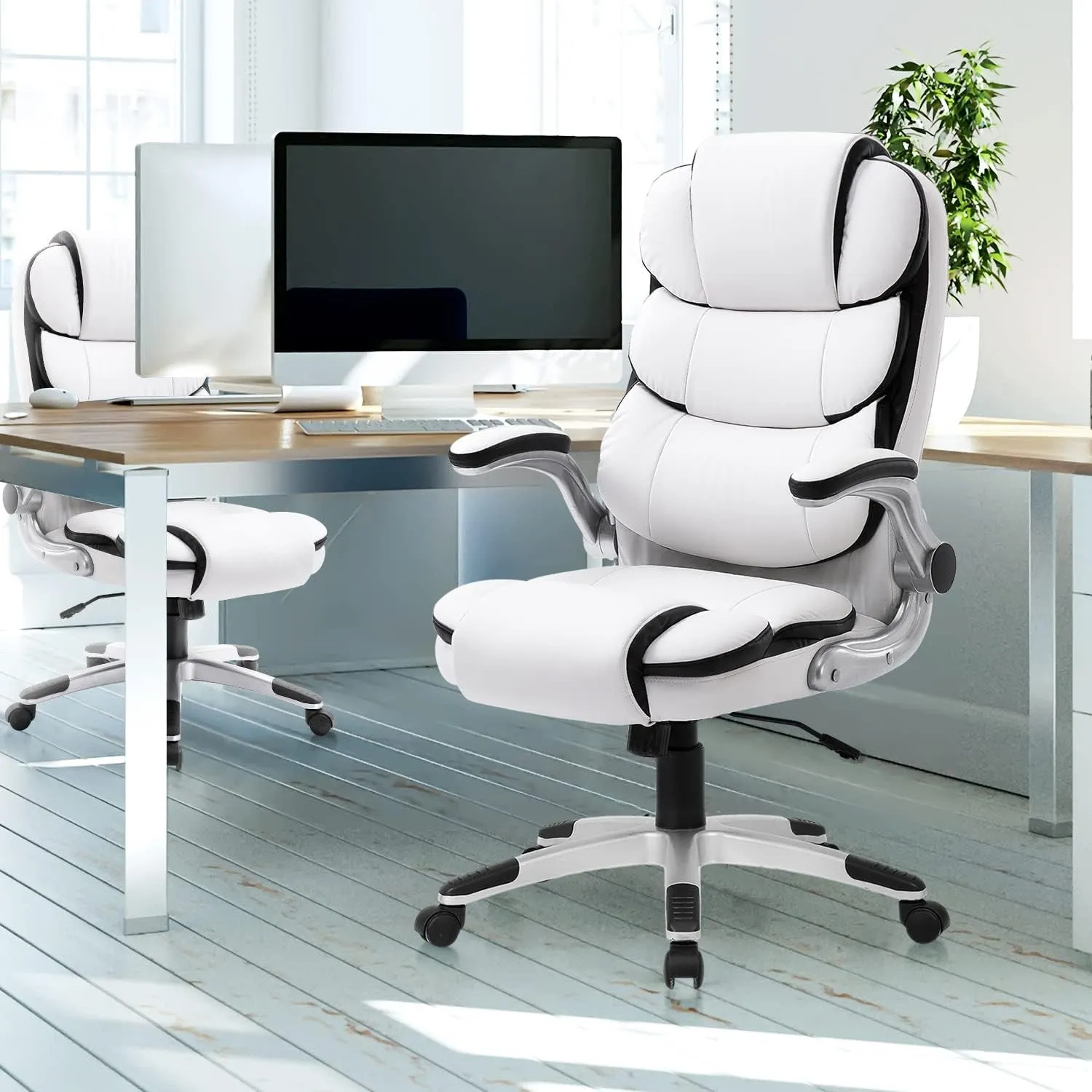 Executive Office Chair Ergonomic Home Office Desk Chair High Back White Leather Chair,Comfortable Computer Chair with Armrest, White
