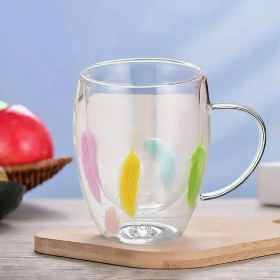 Feather Inside Double Walled Glass Coffee Mug