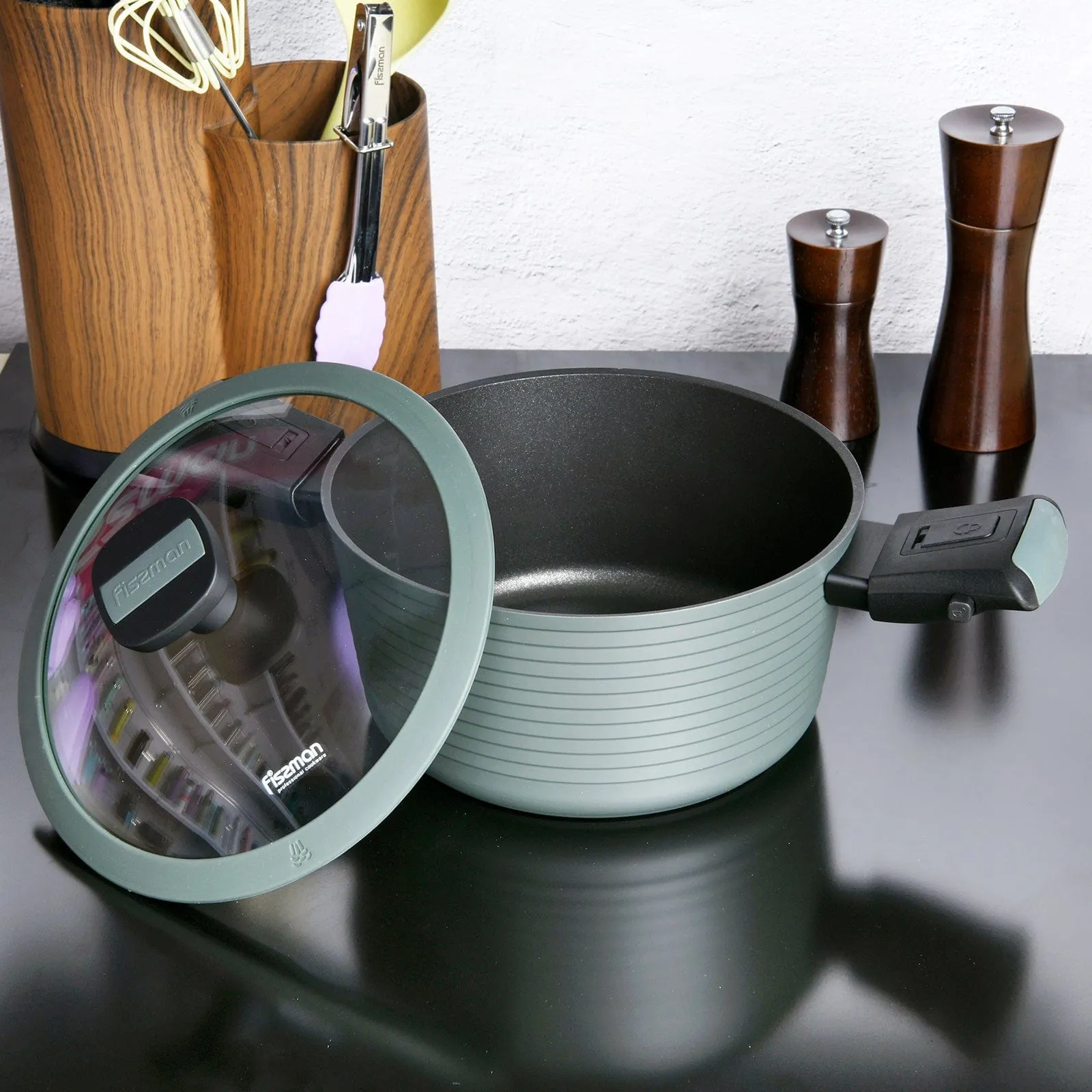 Fissman Saucepan With Detachable Brilliant Induction Bottom Handle Glass Lid 28 x 13.5cm/7.1LTR Green