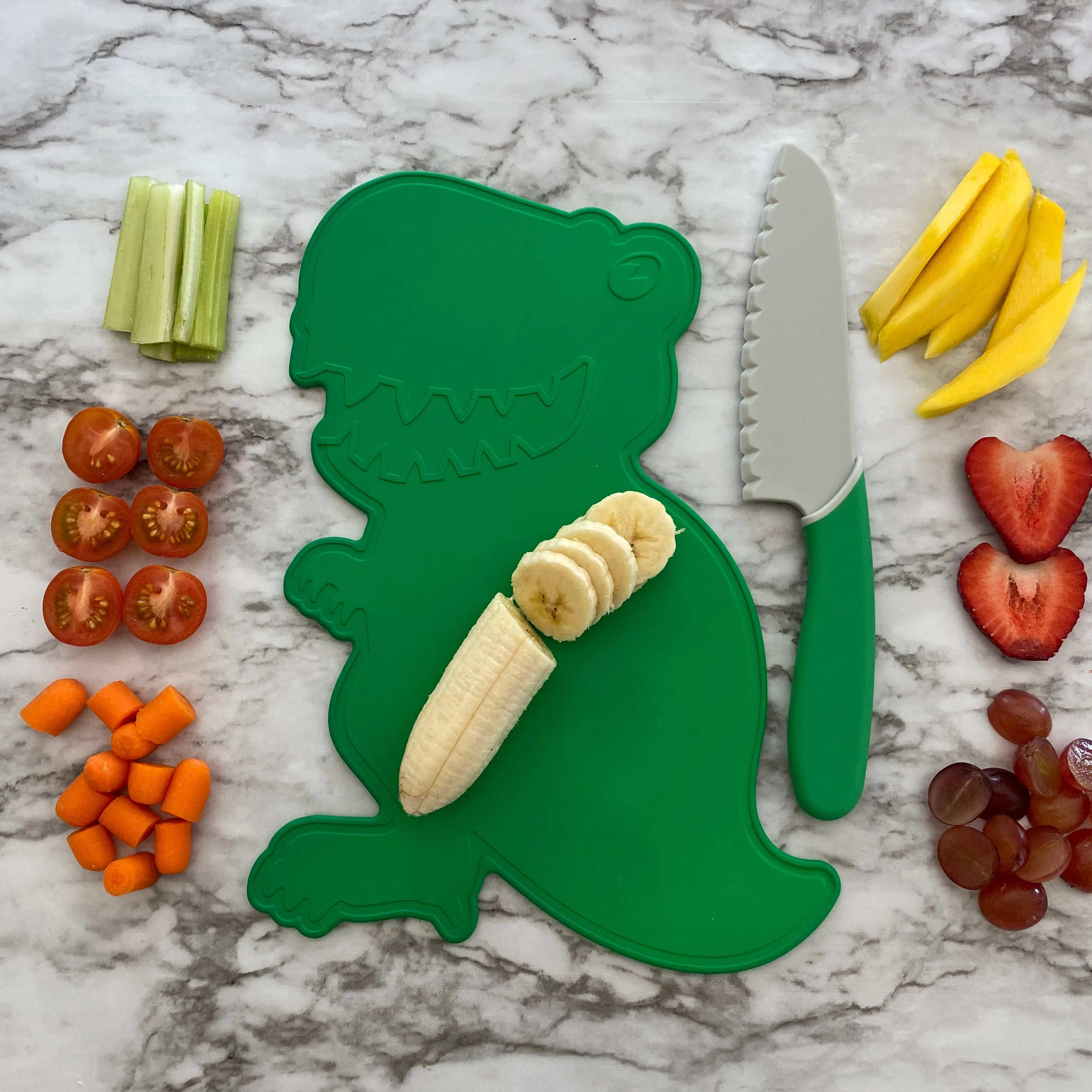 Handstand Kitchen Dinosaur Cutting Board & Kid Safe Knife Set Green