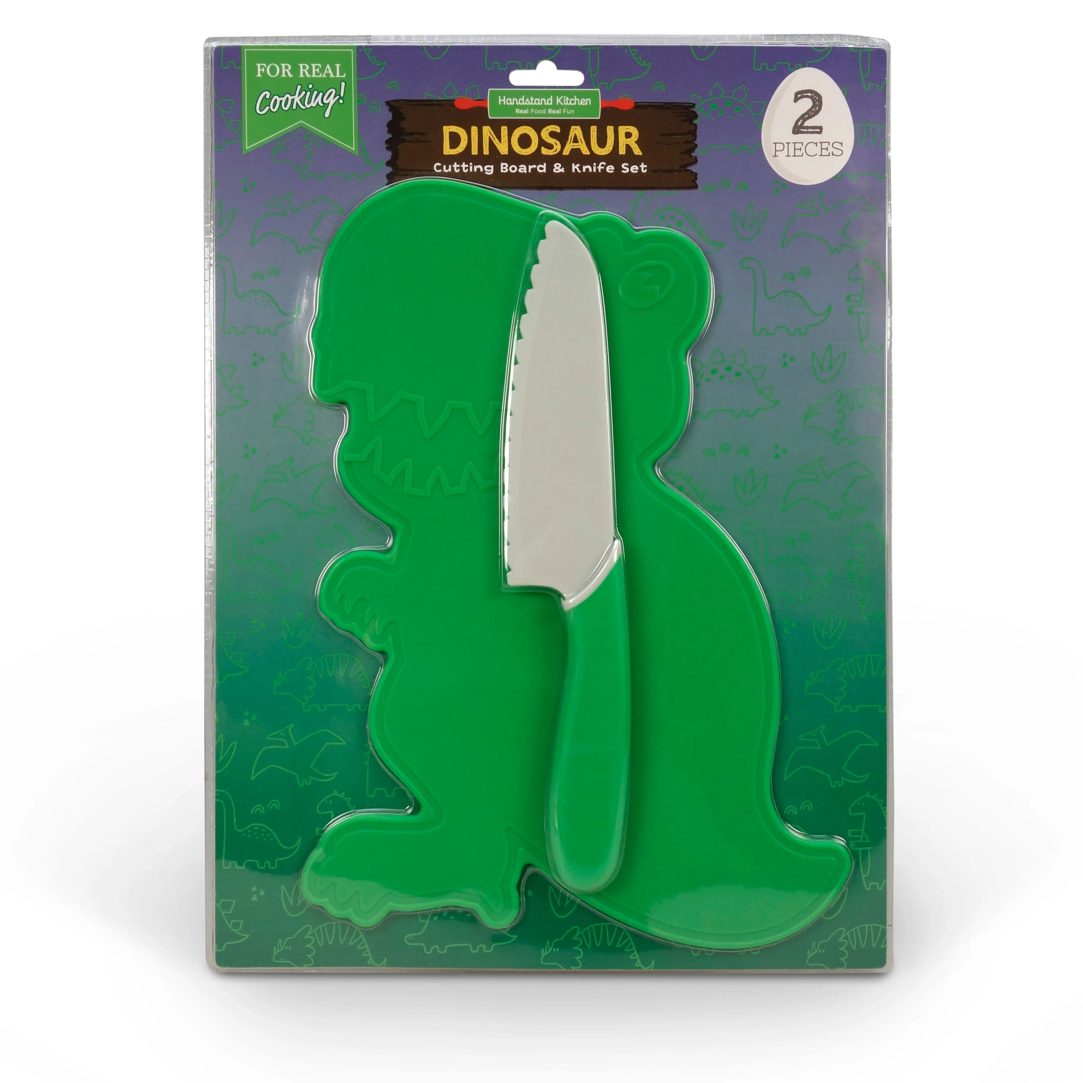 Handstand Kitchen Dinosaur Cutting Board & Kid Safe Knife Set Green