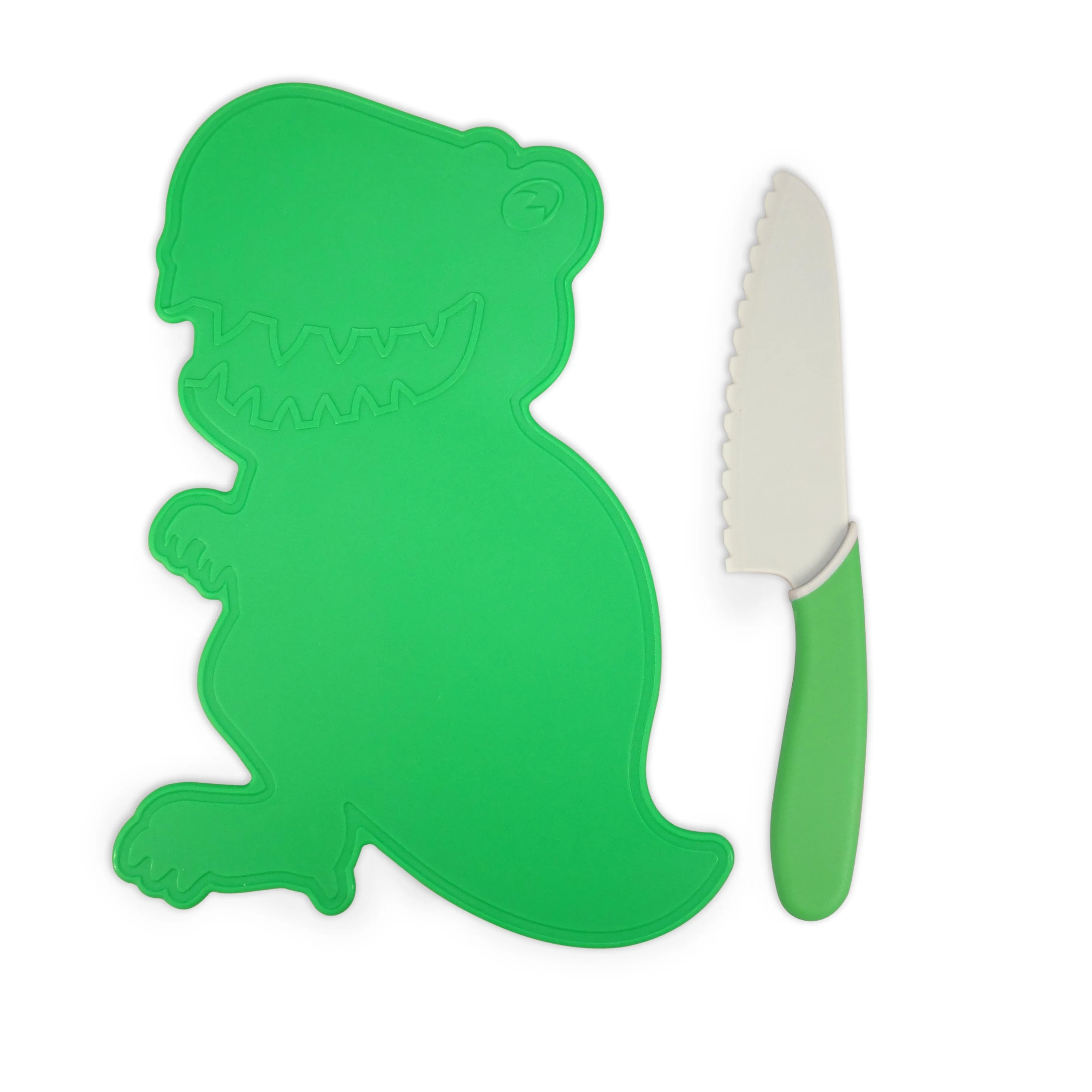 Handstand Kitchen Dinosaur Cutting Board & Kid Safe Knife Set Green