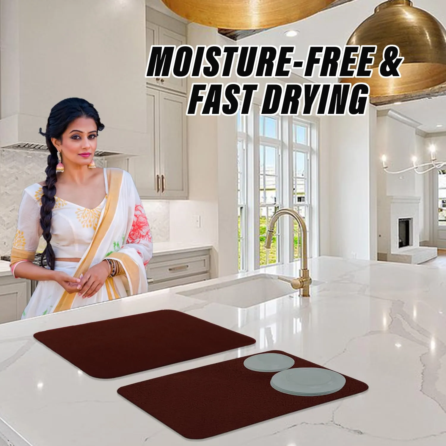 Heart Home Dish Drying Mat | Microfiber Kitchen water Absorbent Mat | Reversible Drying Mat for Kitchen Utensils | Kitchen Utensils Mat | 50x70 cm | Pack of 2 | Brown
