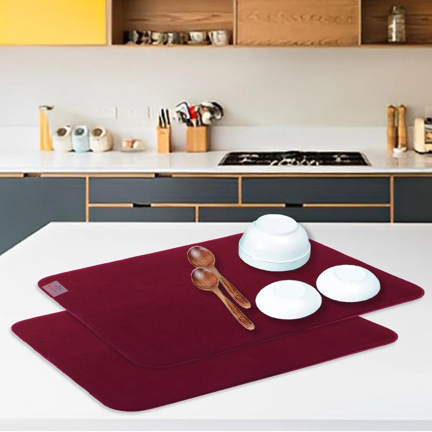 Heart Home Dish Drying Mat | Microfiber Kitchen water Absorbent Mat | Reversible Drying Mat for Kitchen Utensils | Kitchen Utensils Mat | 50x70 cm | Pack of 2 | Maroon