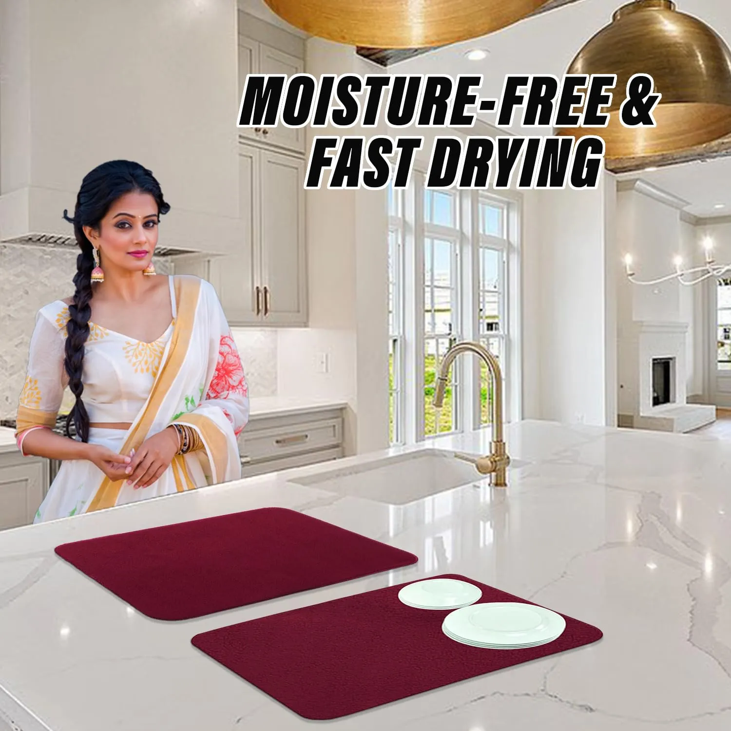 Heart Home Dish Drying Mat | Microfiber Kitchen water Absorbent Mat | Reversible Drying Mat for Kitchen Utensils | Kitchen Utensils Mat | 50x70 cm | Pack of 2 | Maroon