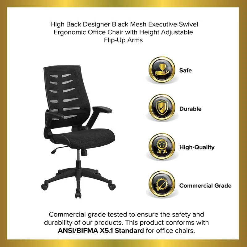 High Back Designer Black Mesh Executive Swivel Ergonomic Office Chair with Height Adjustable Flip-Up Arms [BL-ZP-809-BK-GG]