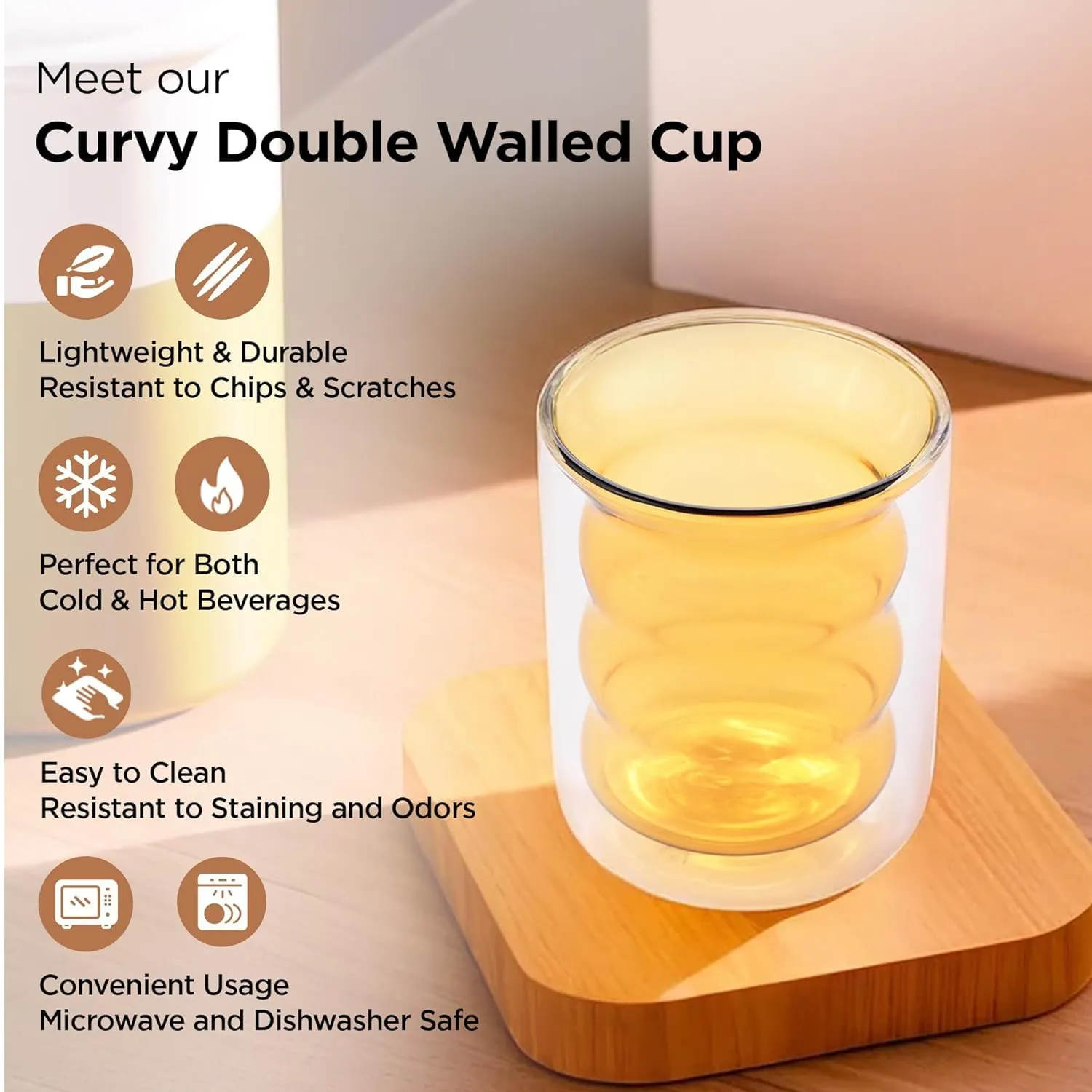 Homestic Double Wall Borosilicate Glass Coffee Mug Set of 2-200ml | Unique Curvy Design | High Thermal Resistance | Microwave/Dishwasher Safe | Gifting Pack for Friends/Couples | Yellow
