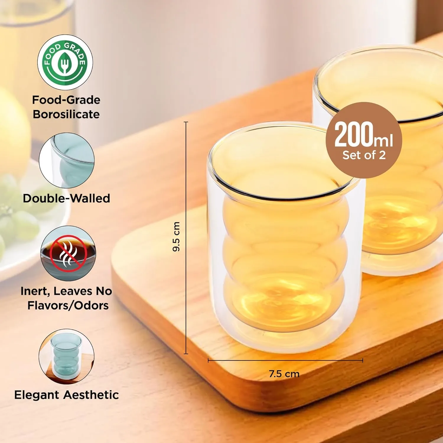 Homestic Double Wall Borosilicate Glass Coffee Mug Set of 2-200ml | Unique Curvy Design | High Thermal Resistance | Microwave/Dishwasher Safe | Gifting Pack for Friends/Couples | Yellow