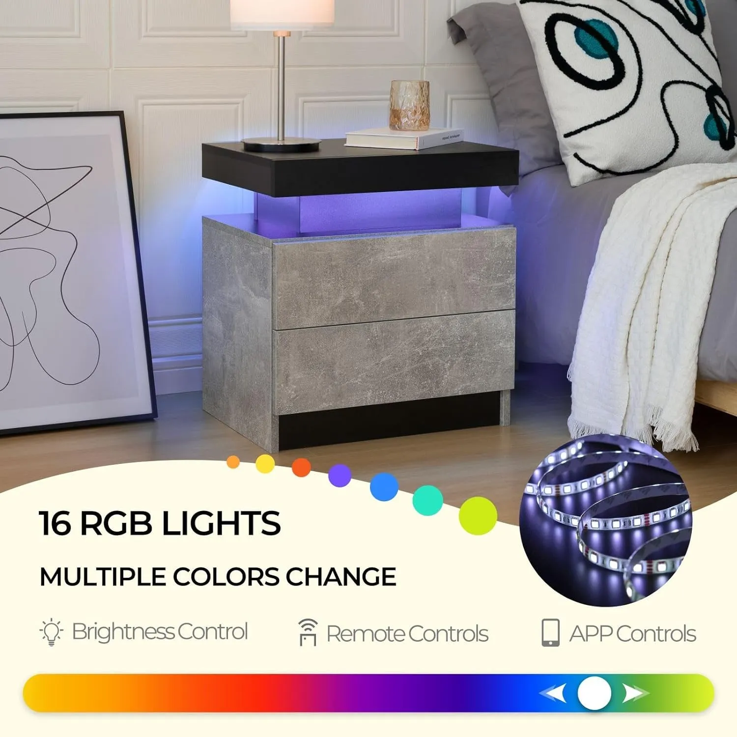 I-Aplus Bedside Table with 2 Drawers, LED Nightstand Wooden Cabinet Unit with LED Lights for Bedroom, End Table Side Table for Bedroom Living Room, Grey