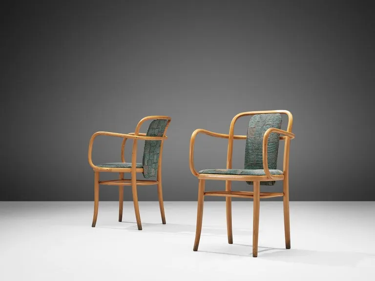 Large Set of Bentwood Armchairs in Green Upholstery