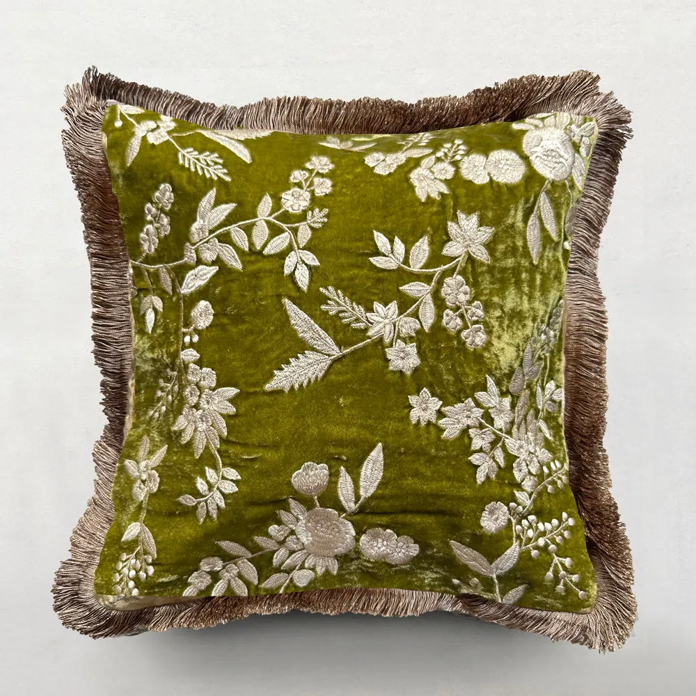 Liza Silk Velvet Embroidered Cushion in Foliate Green with Beige Fringe