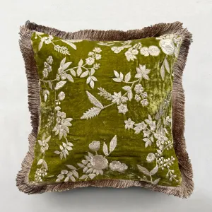 Liza Silk Velvet Embroidered Cushion in Foliate Green with Beige Fringe